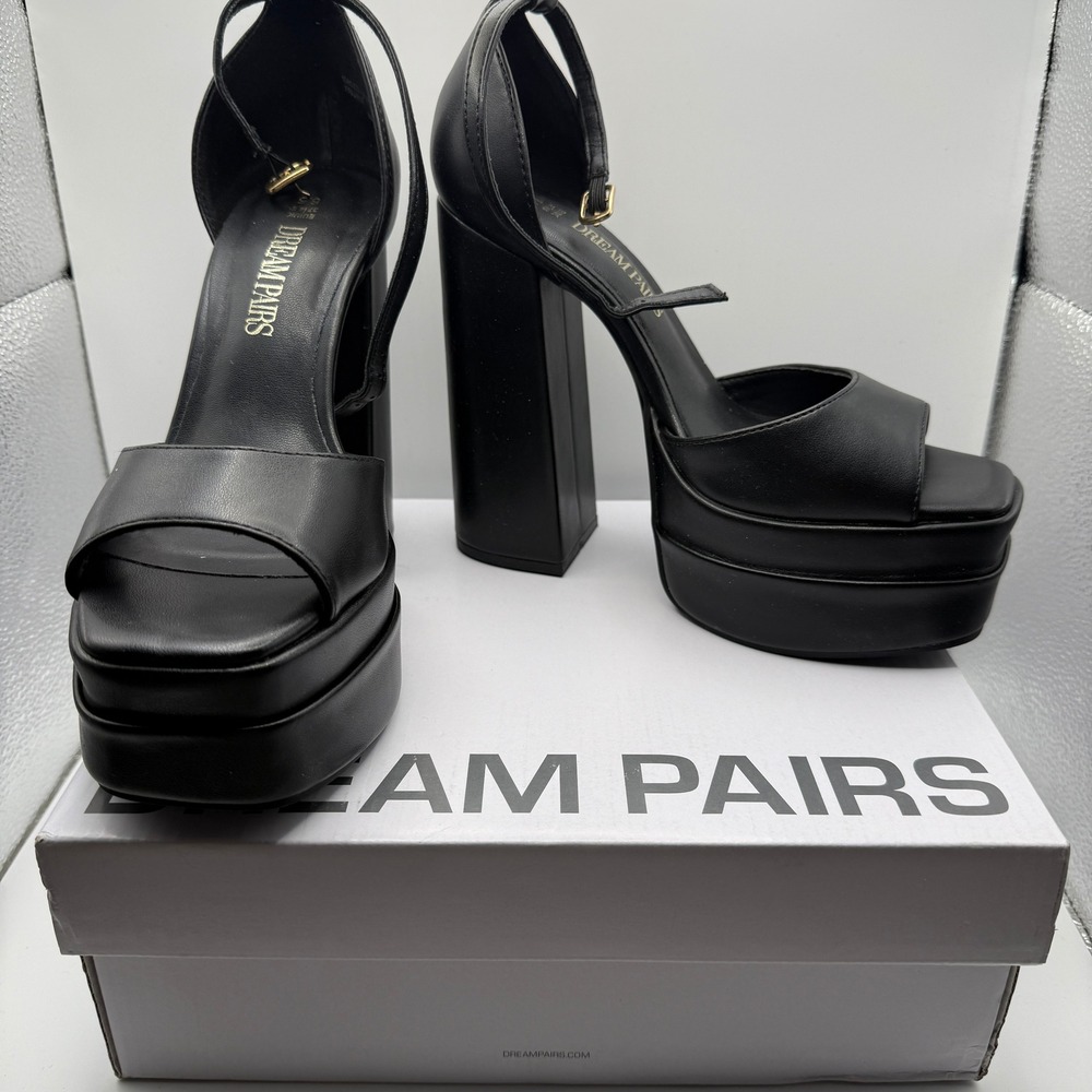 Dream Pairs SDHS2324W Black Double Platform Chunky Block Heel Sandals 6.5